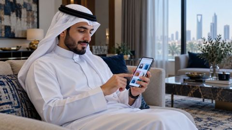 رجل سعودي في الصالة يتصفح متجراً إلكترونياً على جواله