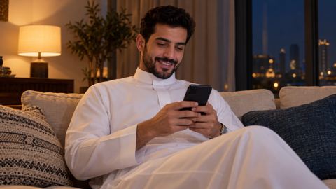 رجل سعودي في الصالة ليلاً يبتسم وهو يكمل تحويلاً بنكياً فورياً من جواله