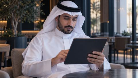 رجل سعودي في مقهى هادئ يقرأ تفاصيل الاعتماد على جهازه اللوحي بتمعّن