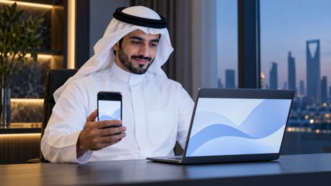 رجل سعودي يبتسم وهو يرى موقعاً سريعاً على جواله ولابتوبه