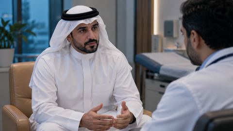 رجل سعودي يتحدث بجدية مع الطبيب في غرفة استشارة هادئة