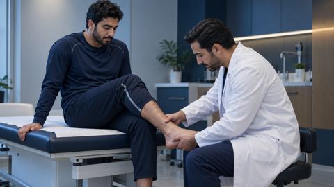 رجل سعودي بملابس رياضية في العيادة وطبيب العظام يفحص كاحله بلطف