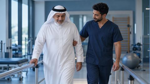رجل سعودي يمشي بهدوء بجانب مختص صحي في غرفة تأهيل