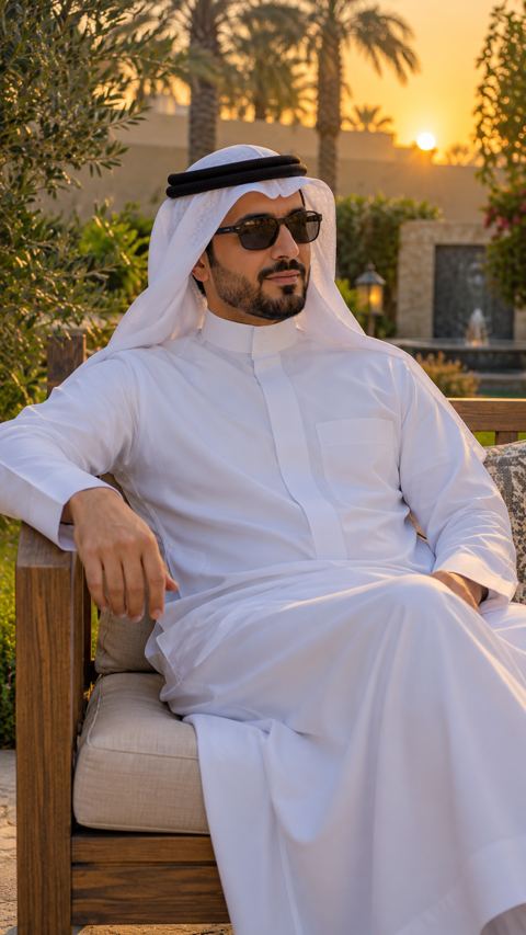 رجل سعودي في الثلاثينات بنظارة شمسية واقية يرتاح على مقعد في حديقة
