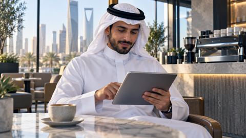 رجل سعودي بالثوب يتصفح أقسام التدريب على جهاز لوحي في مقهى مضيء