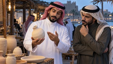 رجل سعودي في كشك صغير يشرح منتجه لزائر محتار