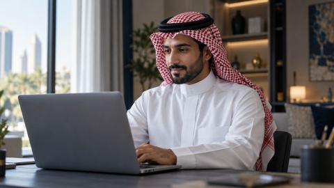 رجل سعودي بالثوب يقرأ الأخبار الرسمية على لابتوبه في البيت