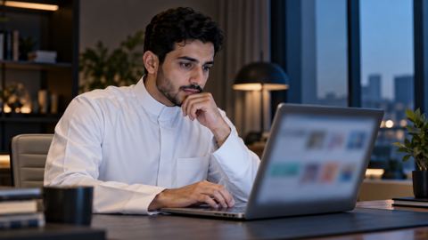 رجل سعودي بالثوب يتصفح قائمة دورات على لابتوبه ويده على ذقنه يقارن الخيارات