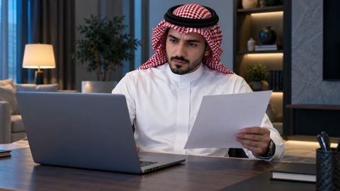 رجل سعودي بالثوب يطابق فاتورة مع المعلومات على لابتوبه في البيت