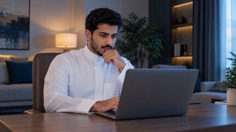 رجل سعودي بالثوب يفكر في خدمة على لابتوبه في مكتب البيت
