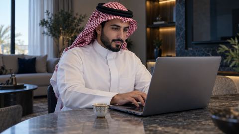 رجل سعودي يعبّي طلباً إلكترونياً على لابتوبه في البيت وبجانبه قهوة عربية