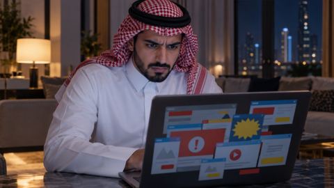 رجل سعودي متضايق من شاشة لابتوب مليئة بالإعلانات المنبثقة ليلاً