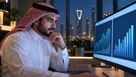 رجل سعودي بالثوب يتفحص لوحتي تحليلات متجاورتين على شاشة مضيئة