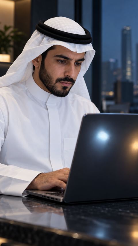رجل سعودي بالثوب يتأمل انعكاسين مختلفين للضوء على شاشة لابتوبه