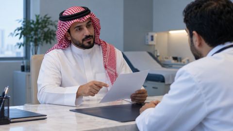 رجل سعودي بالثوب يعرض قائمة أدويته المرتبة على الطبيب