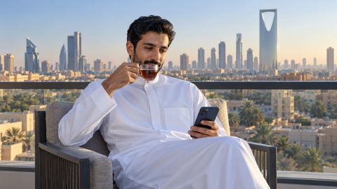 سعودي، رجل، ثوب، شاي