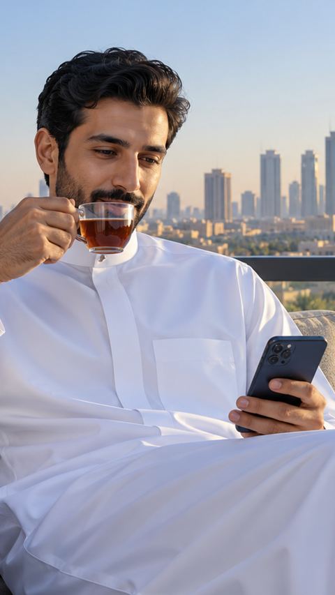 سعودي، رجل، ثوب، شاي