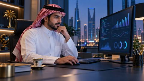 رجل سعودي في مكتبه يراجع رسوماً وأكواداً على الشاشة وبجانبه قهوة عربية
