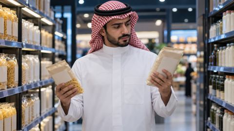 رجل سعودي في ممر متجر يقارن بين منتجين ويقرأ الملصق قبل الشراء