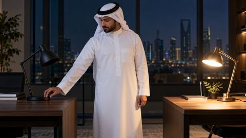 رجل سعودي يطفئ مصباح مكتب بينما يبقى مصباح آخر مضاءً