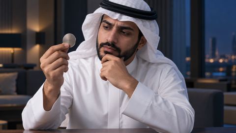رجل سعودي يتأمل قطعة عملة رقمية معدنية على مكتبه في البيت