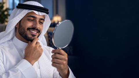 رجل سعودي يتأمل ابتسامته في مرآة يدوية في البيت