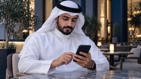 رجل سعودي يتصفح جواله بتأمل على طاولة مقهى