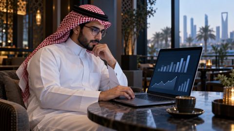 رجل سعودي بنظارة يتابع لوحة بيانات منظمة على اللابتوب في مقهى هادئ