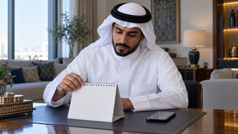 رجل سعودي بثوب أبيض يتفقد تقويماً مكتبياً بجانب جواله في البيت