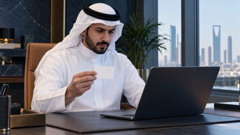 رجل سعودي يقارن بطاقة عمل بسيطة بما على شاشة اللابتوب
