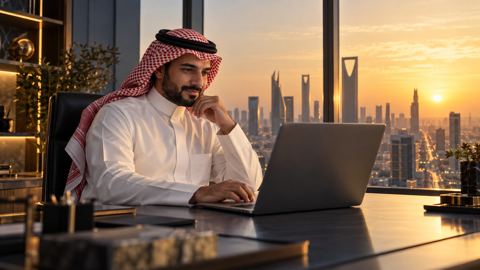 رجل سعودي بالثوب والشماغ الأحمر يبتسم أمام لابتوبه وقت الغروب