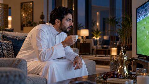 رجل سعودي على الكنب يشاهد مباراة كرة قدم وفي يده فنجان قهوة