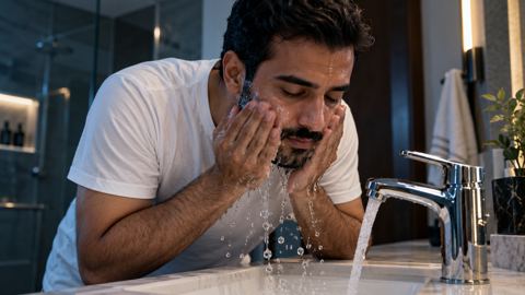 رجل سعودي يغسل وجهه بحذر عند المغسلة ويبعد عينيه عن الماء