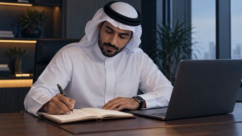 رجل سعودي يكتب أهداف مشروعه وجمهوره في دفتر جلدي بجانب اللابتوب