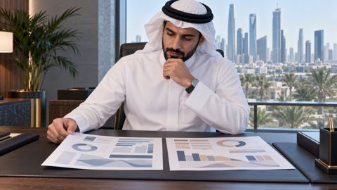 مدير سعودي يقارن ورقتين لقيمة الخدمة جنباً إلى جنب في مكتب مضيء