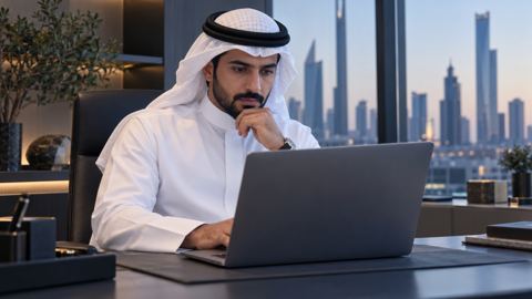 مدير سعودي في مكتب حديث يراجع سير العمل على اللابتوب
