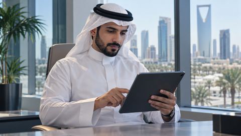 مدير سعودي بالثوب يراجع سير عمل تجريبي على جهاز لوحي في مكتب حديث بالرياض