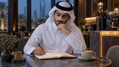 مسوّق سعودي في مقهى يدوّن أسئلته في دفتر قبل أن يكتب