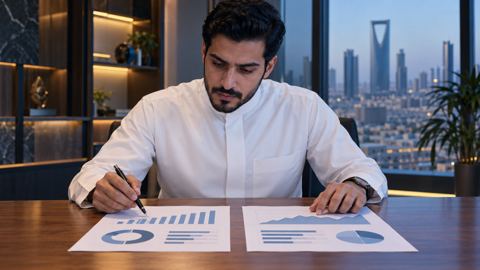 محلل تسويق سعودي يقارن ورقتي بيانات على مكتب خشبي