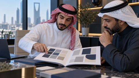 مستشار تسويق سعودي يراجع دليل الهوية مع صاحب عمل على طاولة اجتماعات