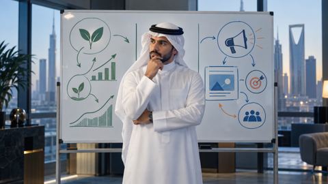 مدير تسويق سعودي يوازن على السبورة بين خطة نمو طبيعي وخطة إعلانات مدفوعة