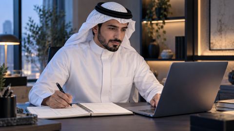 مختص تسويق سعودي يراجع اللابتوب بجانب دفتر تخطيط محتوى مرتب