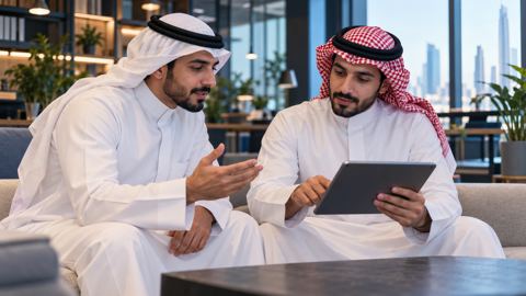 رجلان سعوديان بالثياب يناقشان مسودة مقال على جهاز لوحي في مساحة عمل مشتركة