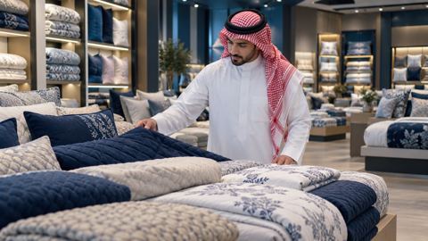 تاجر سعودي يراجع عرض مفارش موسمية في محل أدوات منزلية حديث