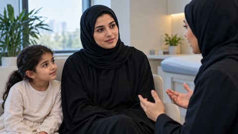 أم سعودية تستمع باهتمام للطبيب وهو يشرح احتياجات طفلها