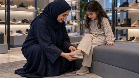 أم سعودية في محل أحذية تتأكد من مقاس حذاء مريح على قدم طفلها