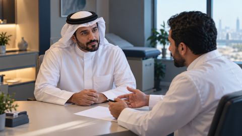ولي أمر سعودي يناقش خطة رعاية طفله مع الطبيب