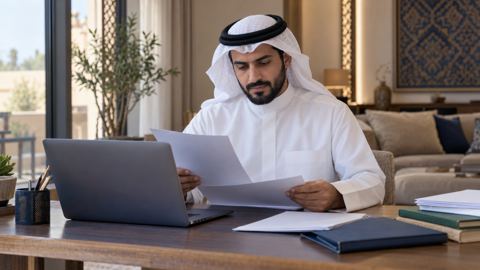 ولي أمر سعودي يراجع أوراق المدرسة بجانب لابتوب مفتوح على مكتب البيت