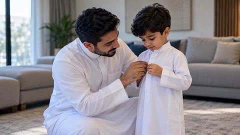 ولي أمر سعودي وطفله الصغير يتدربان على اللبس معاً في البيت
