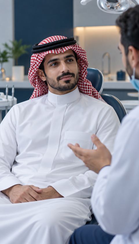 مريض سعودي يستمع باهتمام لطبيب الأسنان في استشارة هادئة